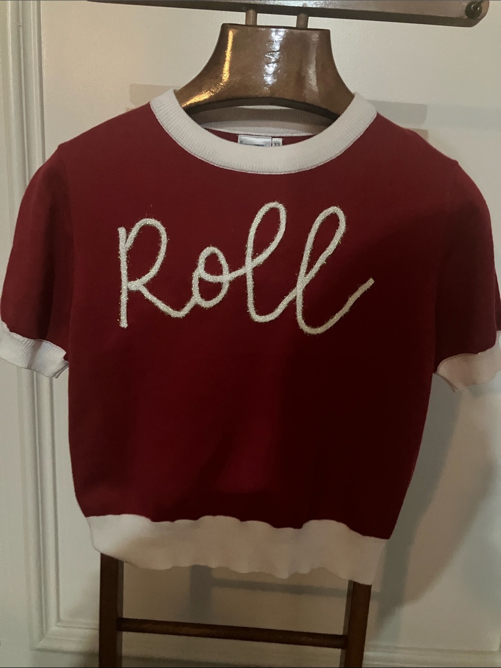 Queen of Sparkles Red 'Roll' Short Sleeve Knit Top with White Trim